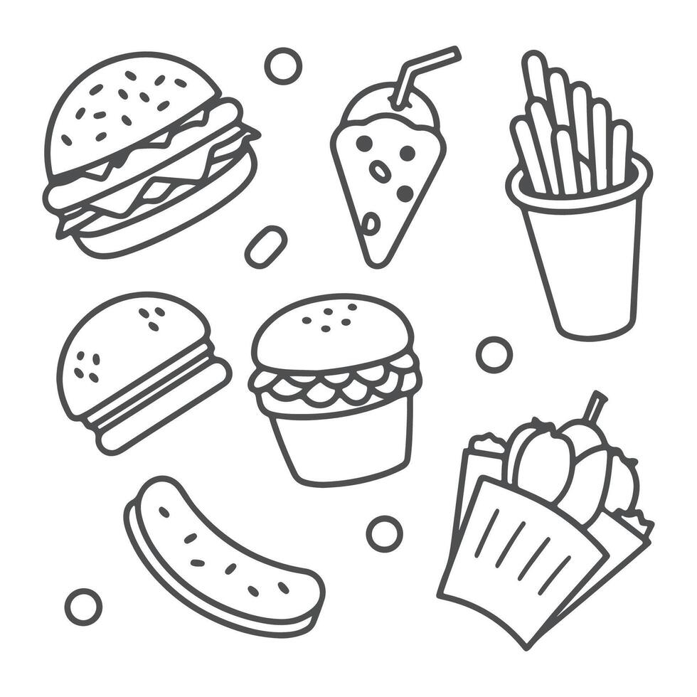 Fast food icons set, including hamburger, fries, and soda vector