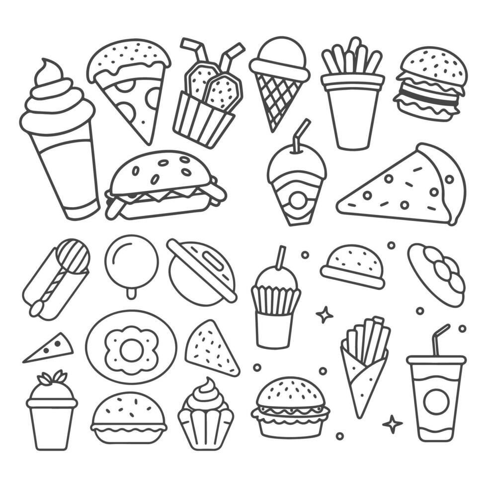 Fast food icons set, including hamburgers, fries, and more vector