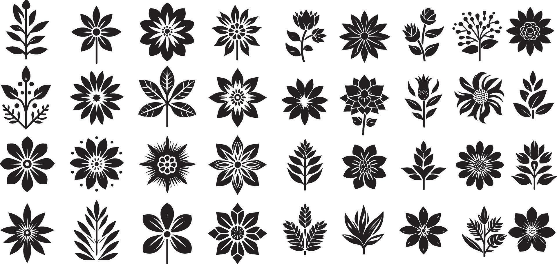 Groovy daisy flowers set, Simple flower ornaments decorative silhouette vector