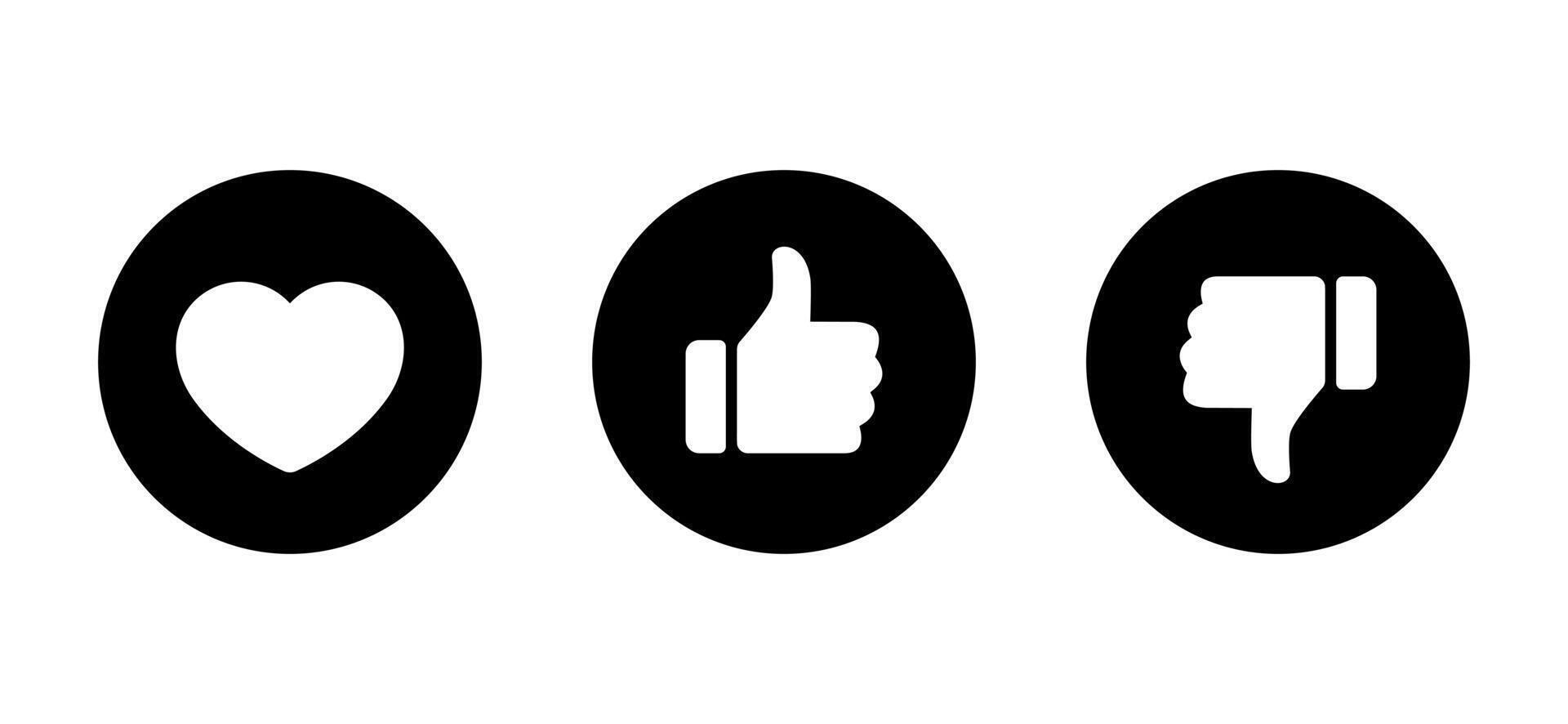 Love, like, and dislike icon on black circle. Heart, hand thumb up and down concept vector