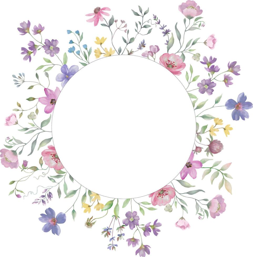 Watercolor floral frame with clover, lavender. Hand drawn illustration. vector