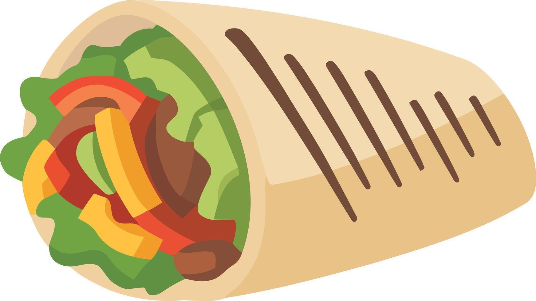 burrito with meat and vegetables isolated flat illustration vector