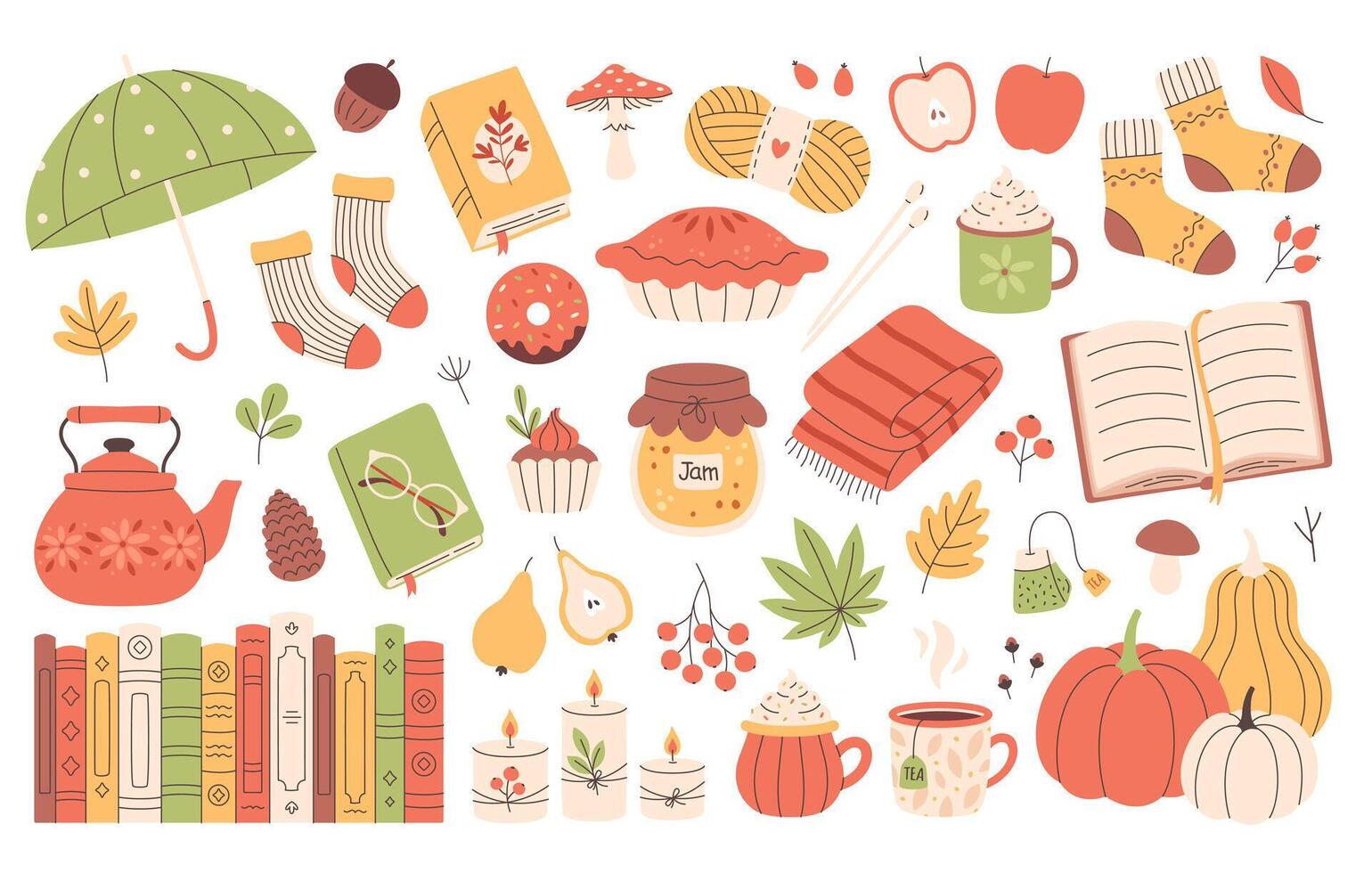 Autumn elements set. Cute and cozy seasonal objects. Fall, Thanksgiving Day. vector