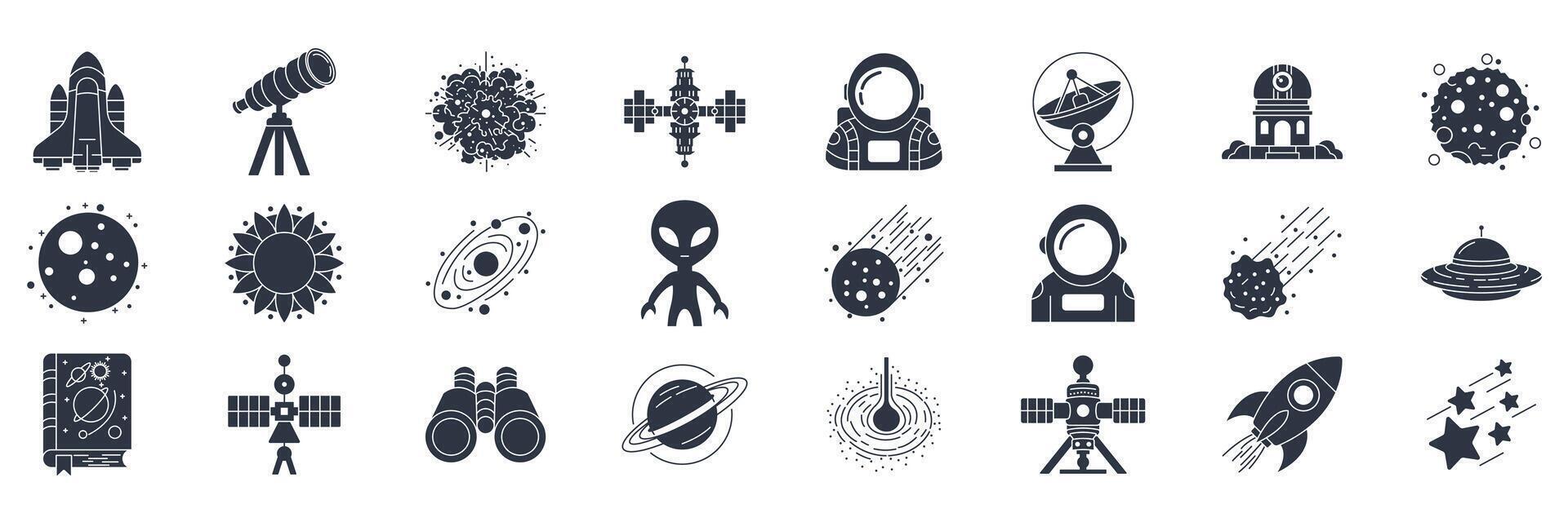 astronomy icons set, Included icons as Asteroid, Binoculars, Satellite, Rocket and more symbols collection, logo isolated illustration vector