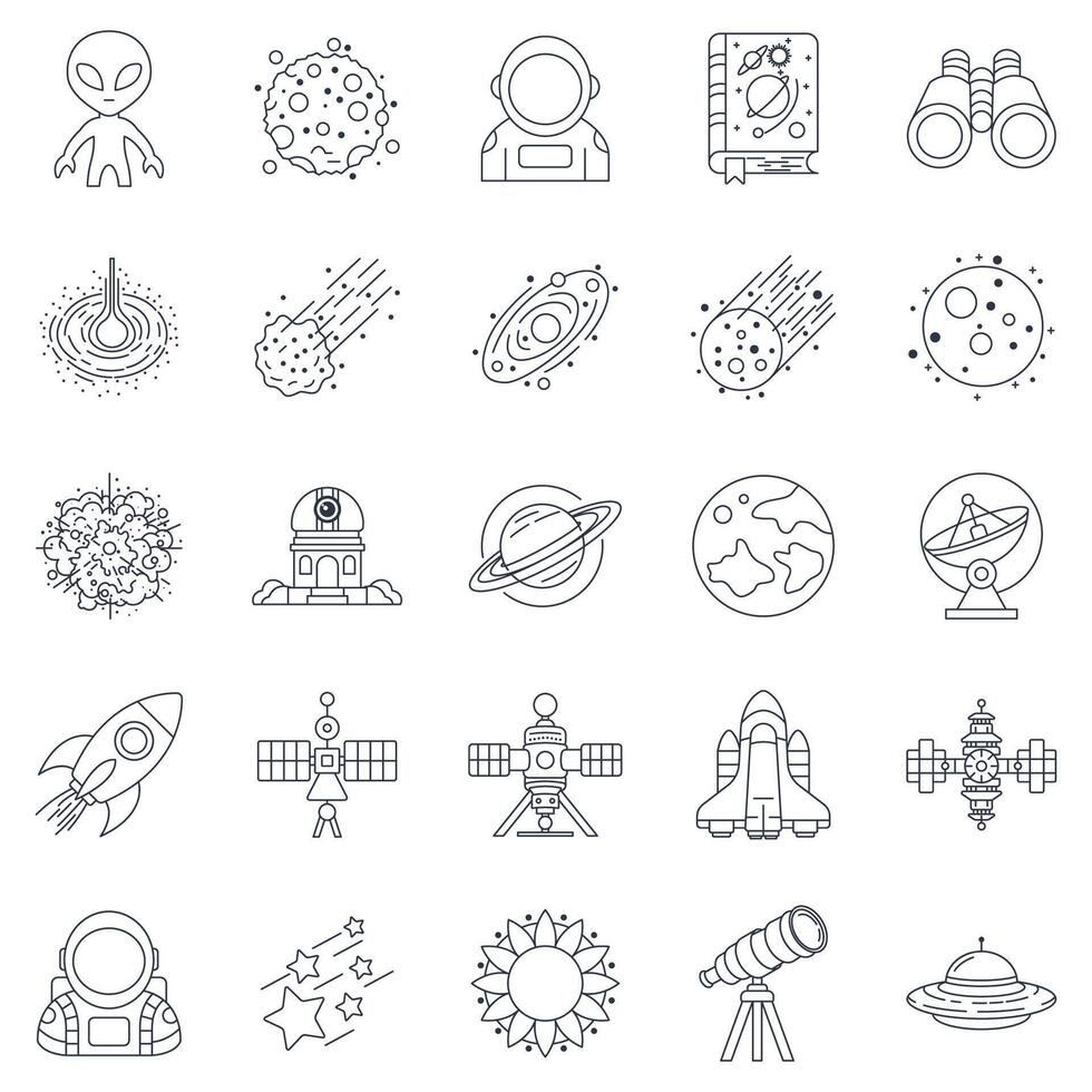astronomy icons set, Included icons as Asteroid, Binoculars, Satellite, Rocket and more symbols collection, logo isolated illustration vector