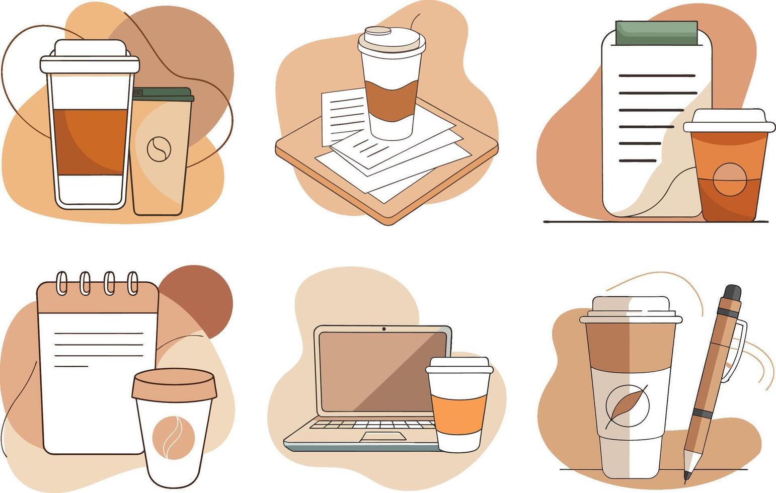 Coffee and work essentials with takeaway cups, documents, and laptop vector
