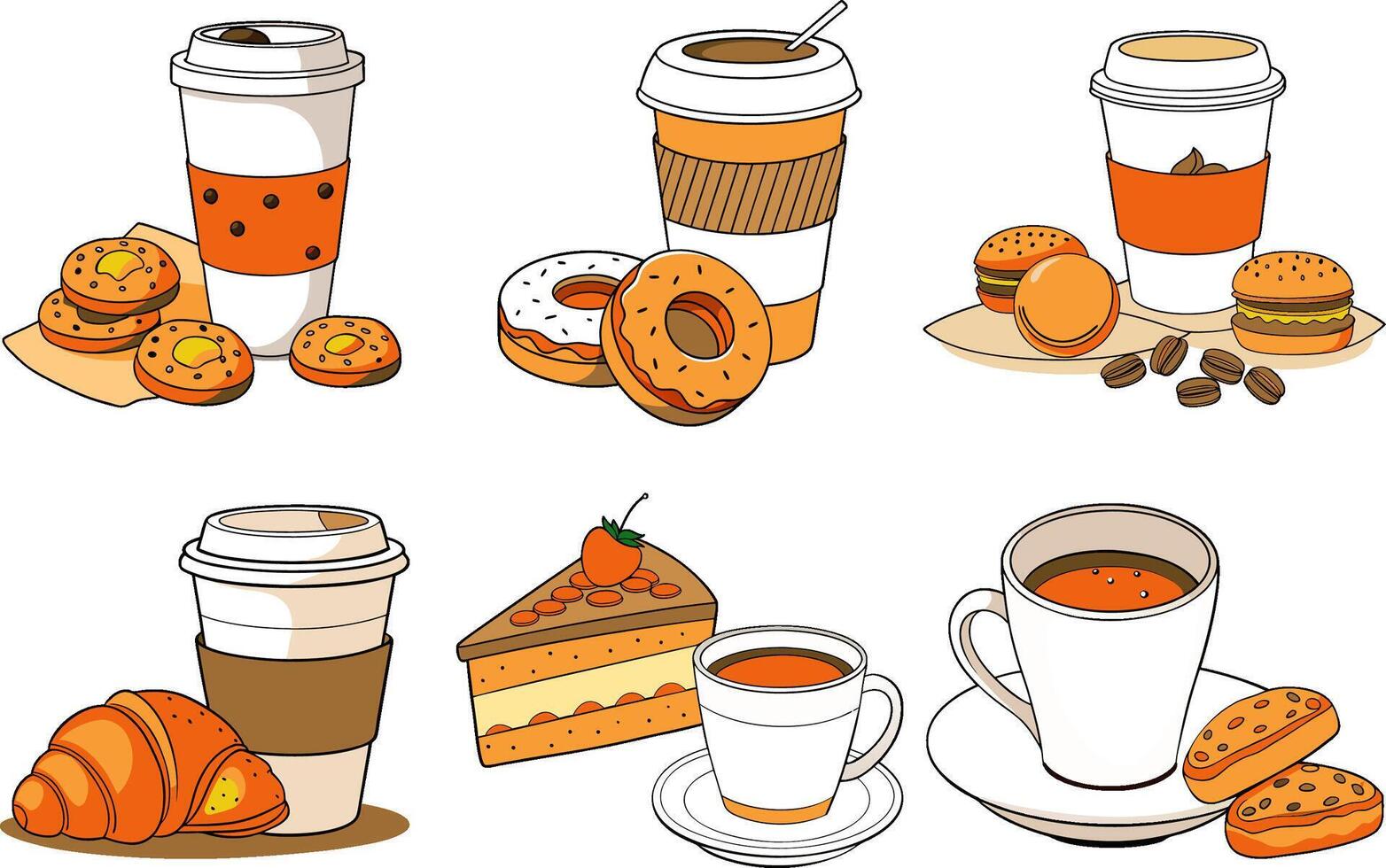 Coffee and snacks with donuts, croissants, and takeaway cups vector