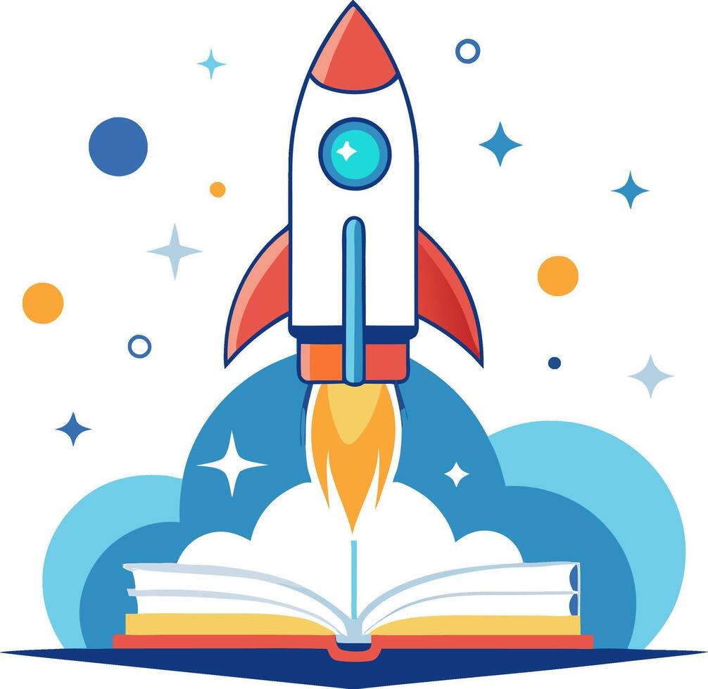 Creative business rocket launching from book, symbolizing innovation and learning vector