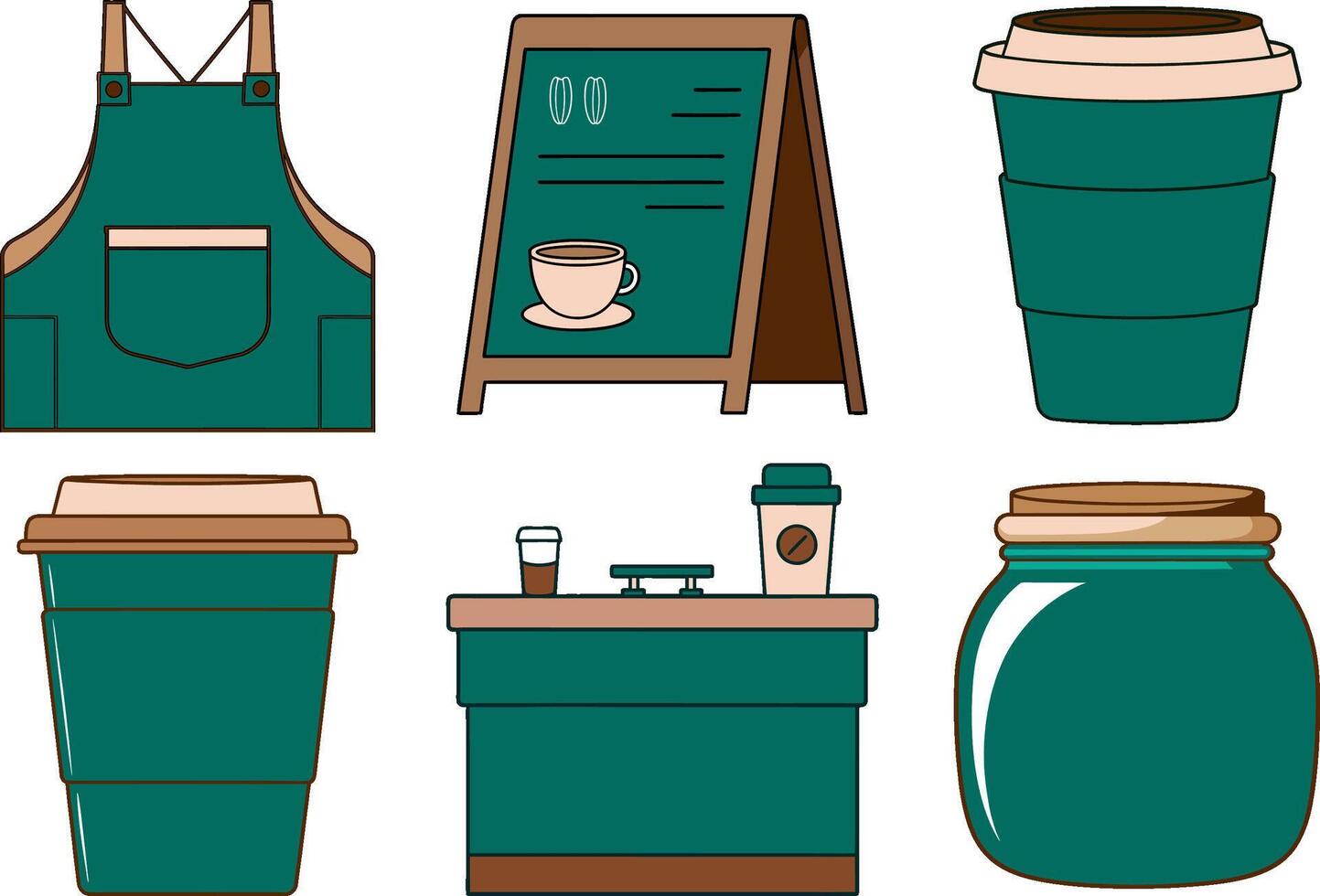 Coffee shop essentials with apron, cups, signage, and counter vector
