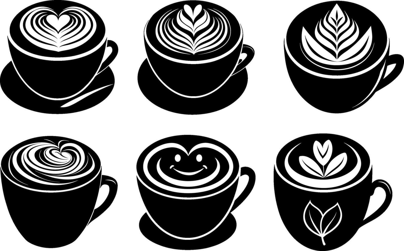 Coffee art designs with heart and smiley patterns in cups vector