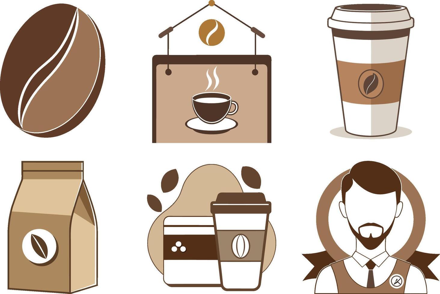 Coffee branding with beans, packaging, and signage elements vector