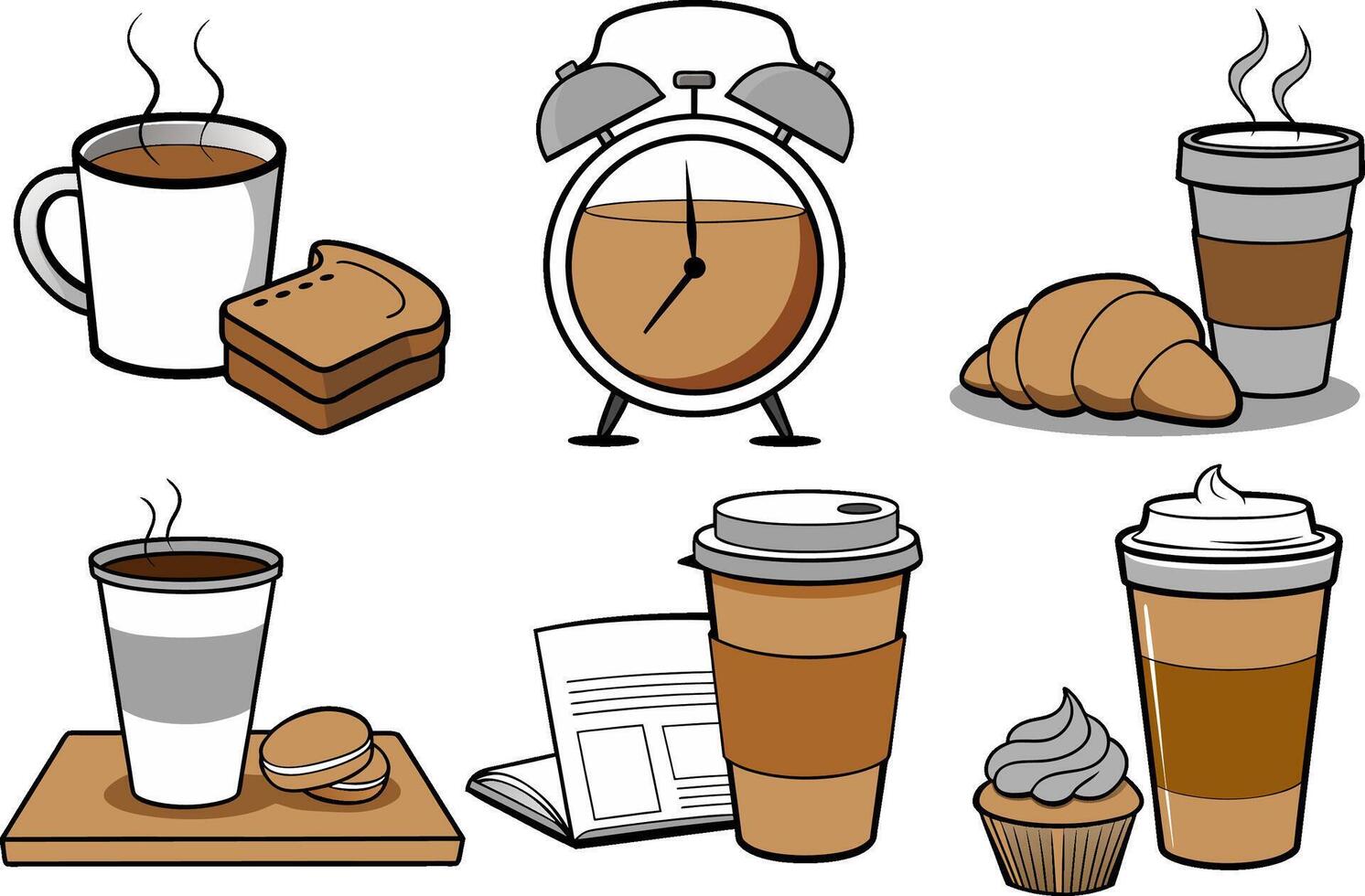 Coffee time moments with cups, snacks, and morning essentials vector