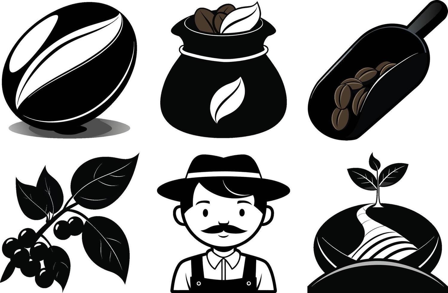 Coffee beans and origins with farmer, plants, and tools vector