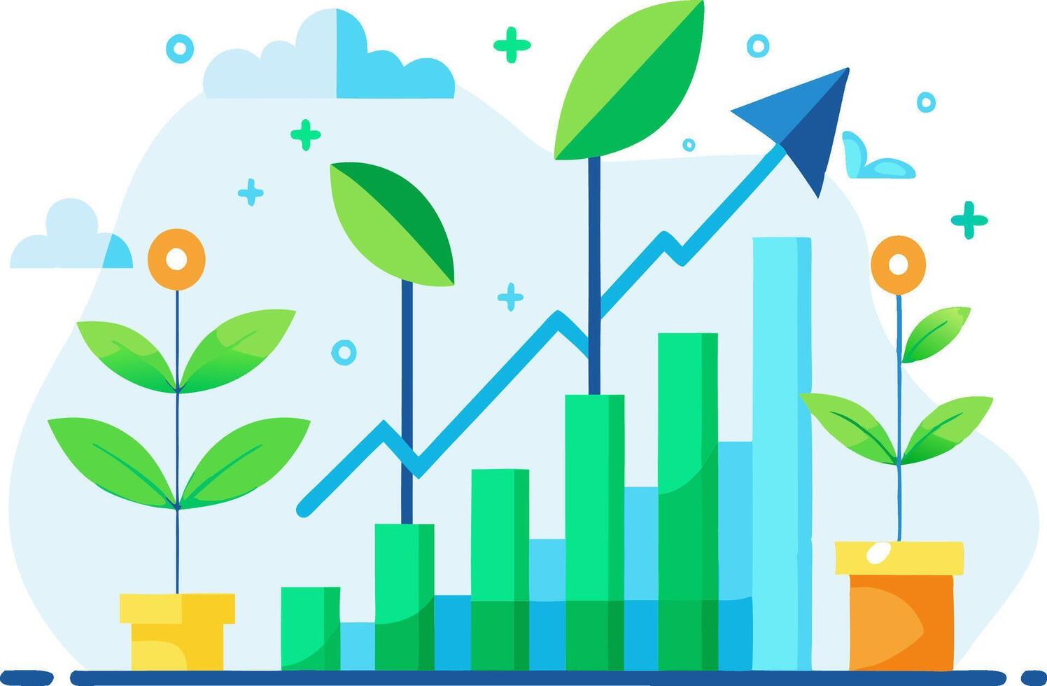 Creative business growth concept with plants and rising graph vector