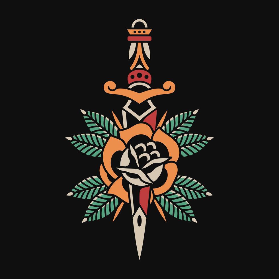 Rose and dagger tattoo flash vector