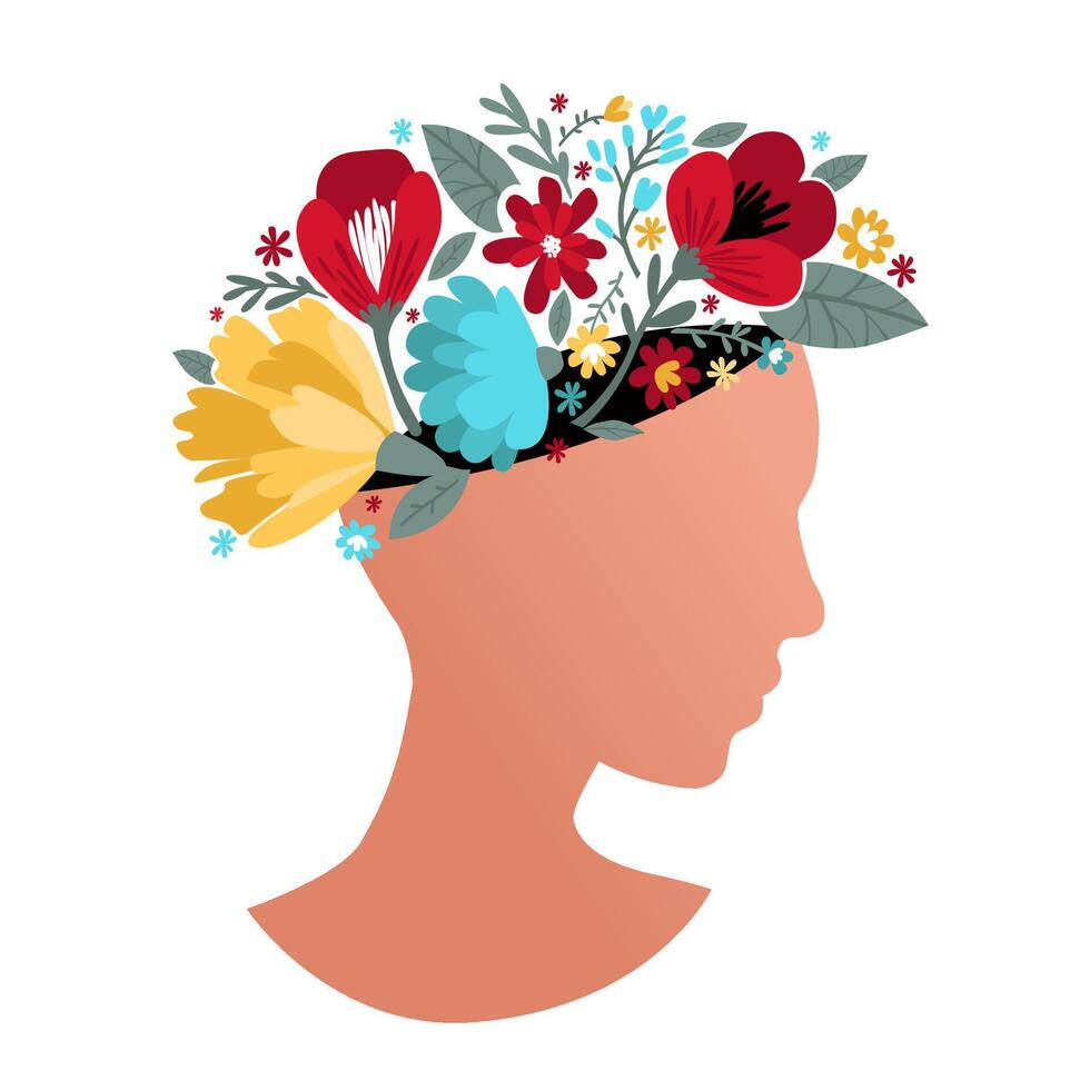 Silhouette of a woman's face with flowers growing out of her head vector
