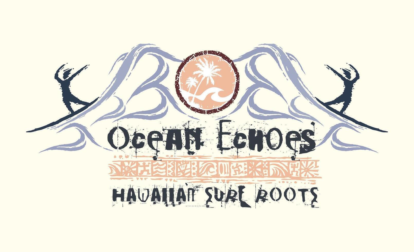 Illustration of silhouette of surfers in composition with waves in graphic style. Art with lettering. Stylized drawing with elements of tribal culture. vector