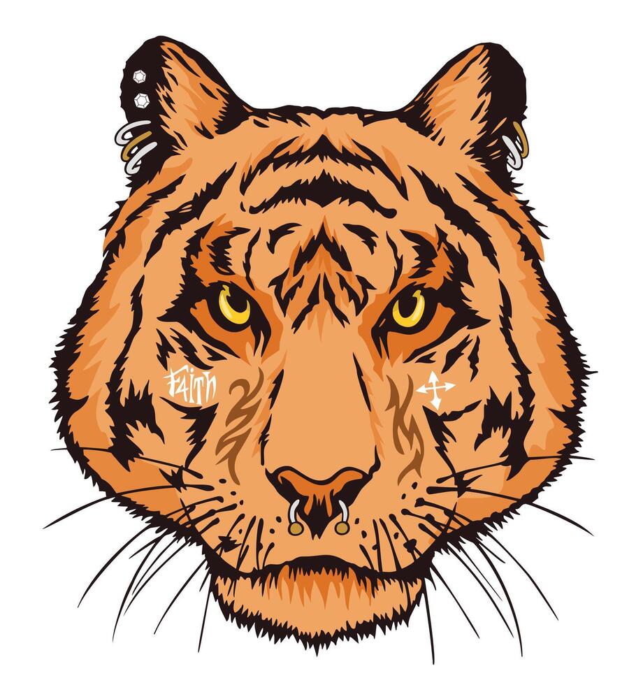 Illustration of a stylish tiger face with tattoos and piercings. vector