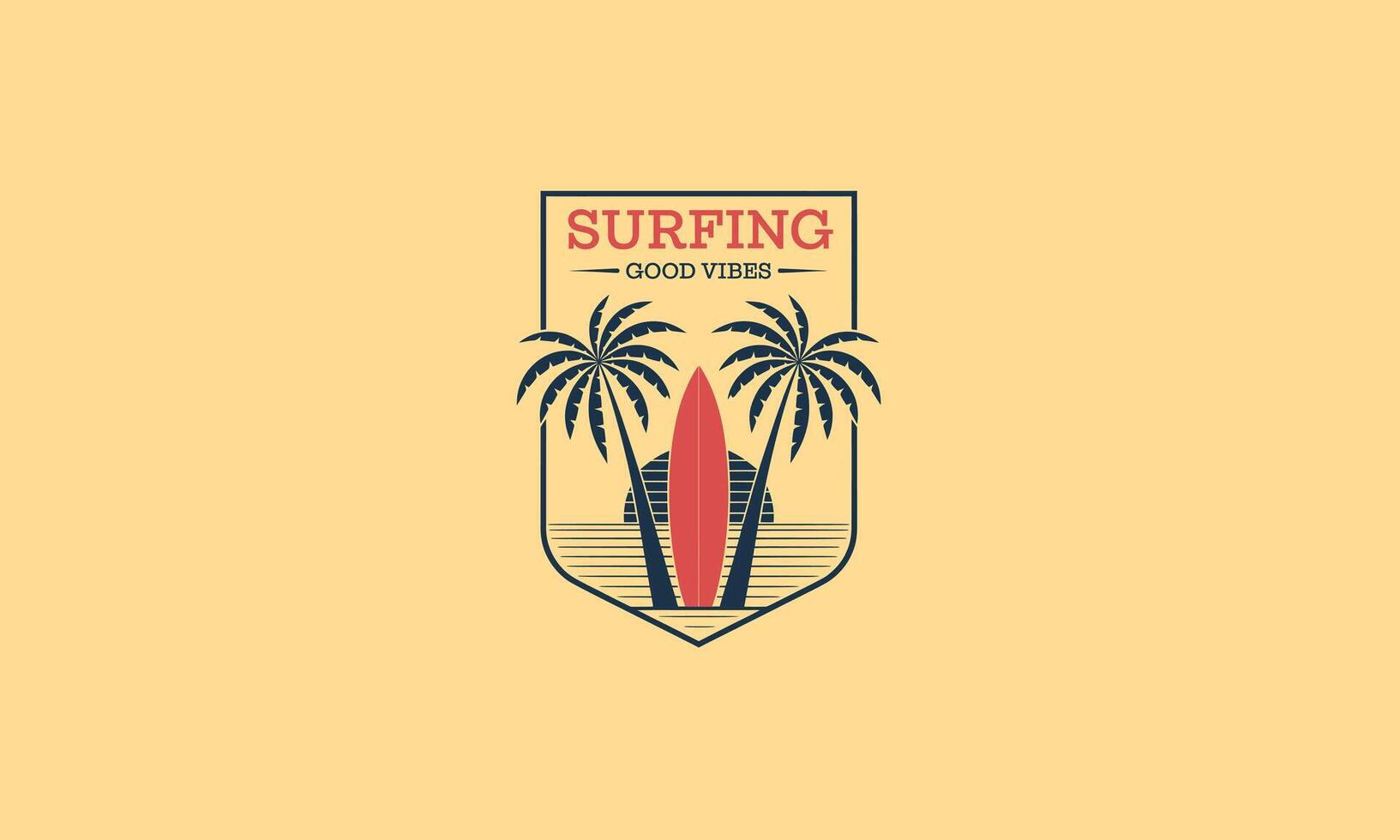 Surfing logo with palm trees, surfboard, and sunset design vector