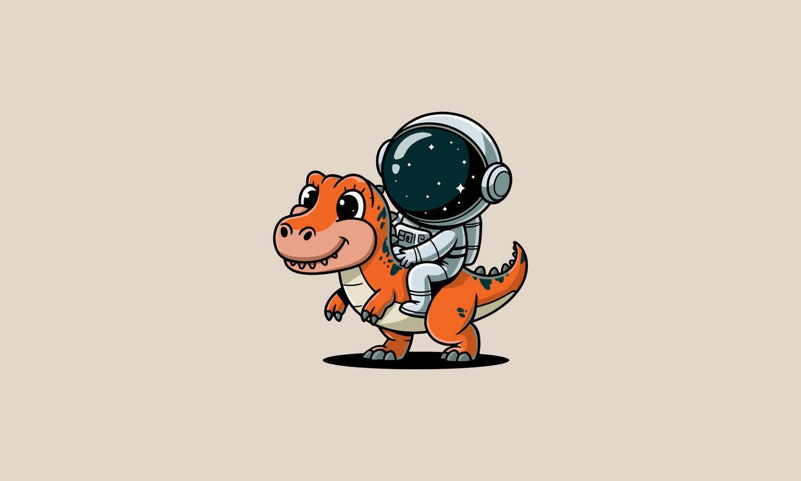 Cartoon astronaut riding a cute dinosaur with a happy expression. vector
