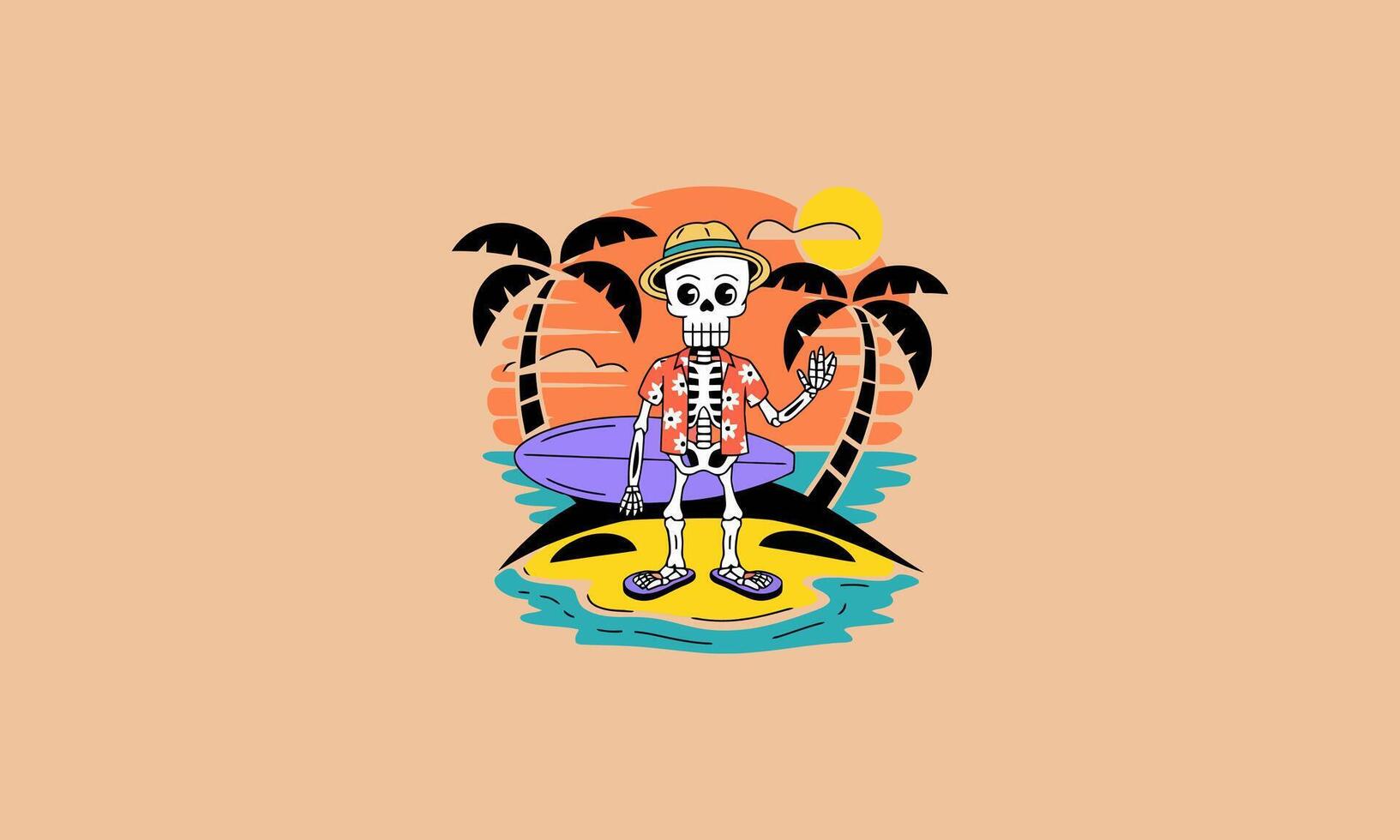 Skeleton in beach attire with surfboard on a tropical island vector