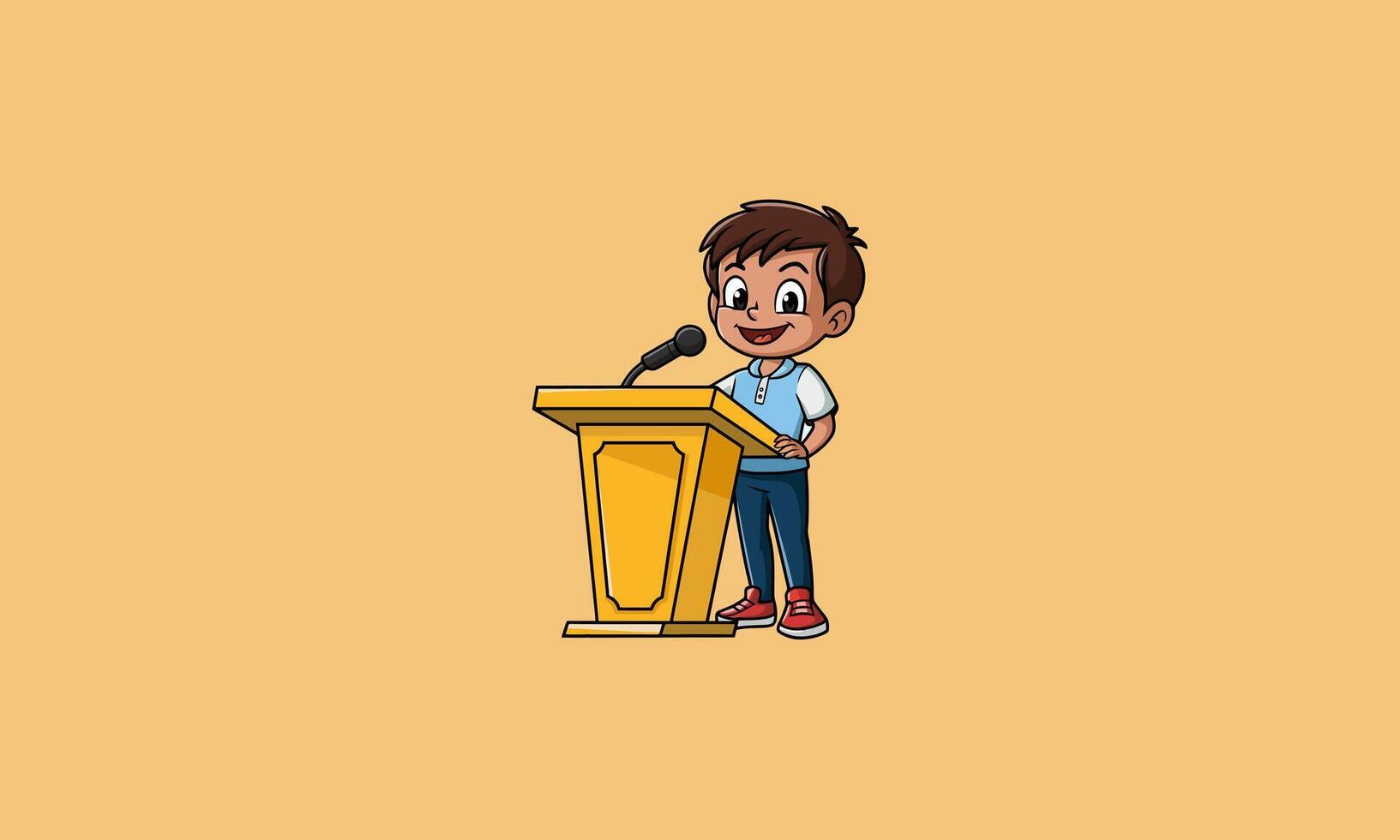 Smiling boy giving a speech at a podium with a microphone. vector