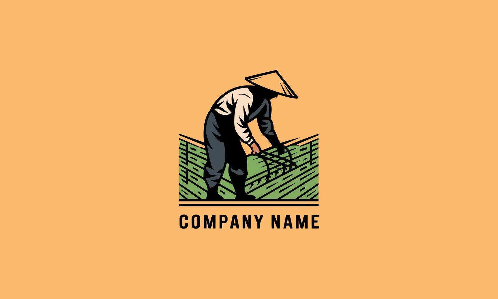 a farmer bending over in a rice field. vector