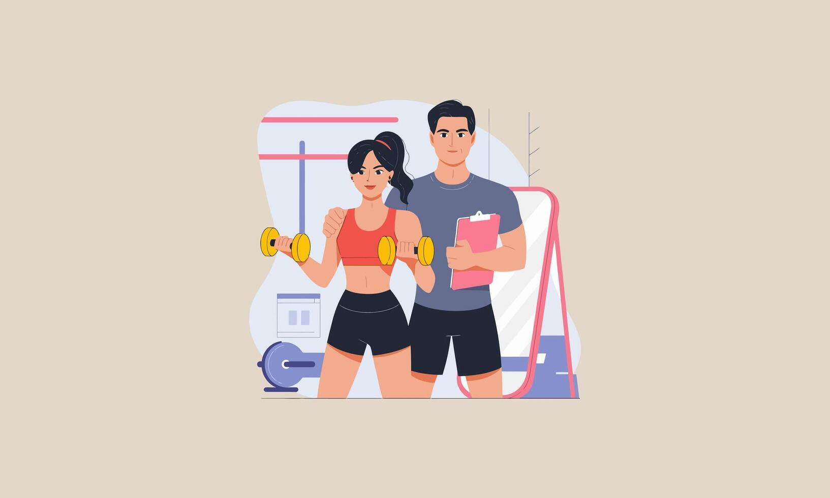 A fitness trainer guiding a woman lifting dumbbells at gym. vector