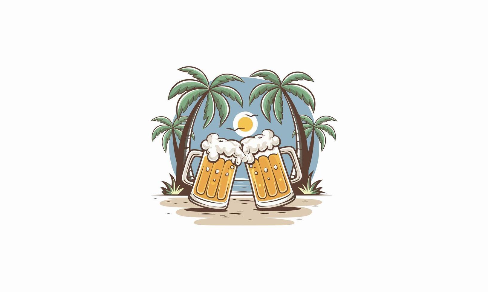 two beer mugs clinking together on a tropical beach. vector