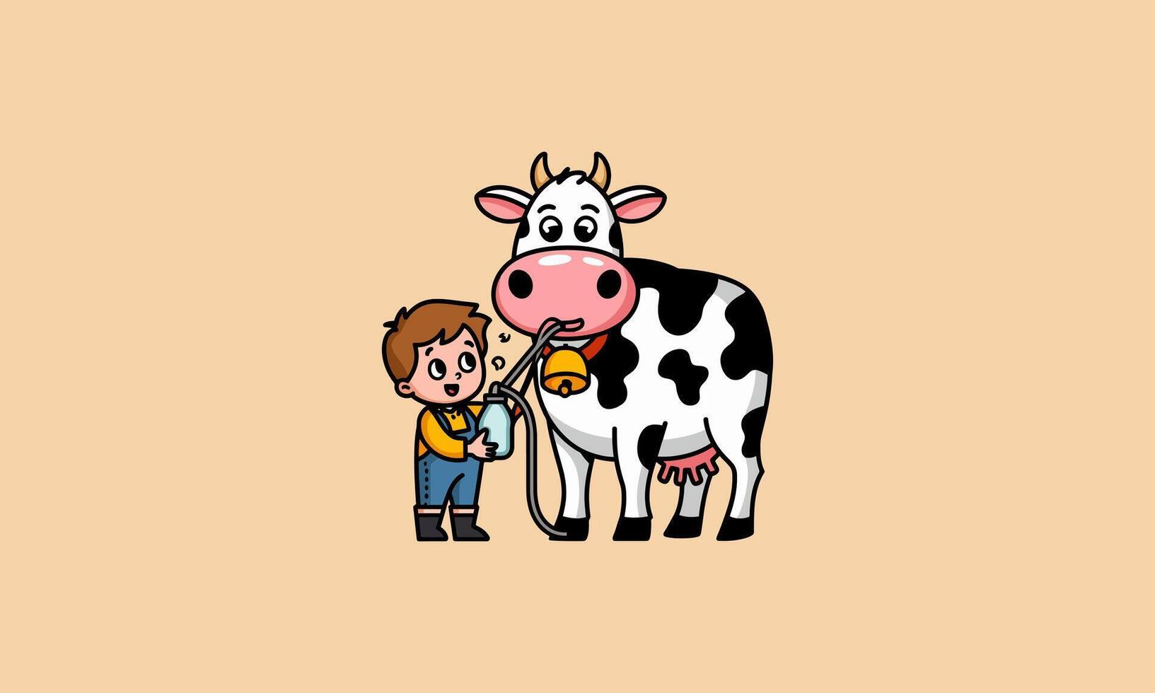 Happy farmer boy milking a cow with a machine. vector