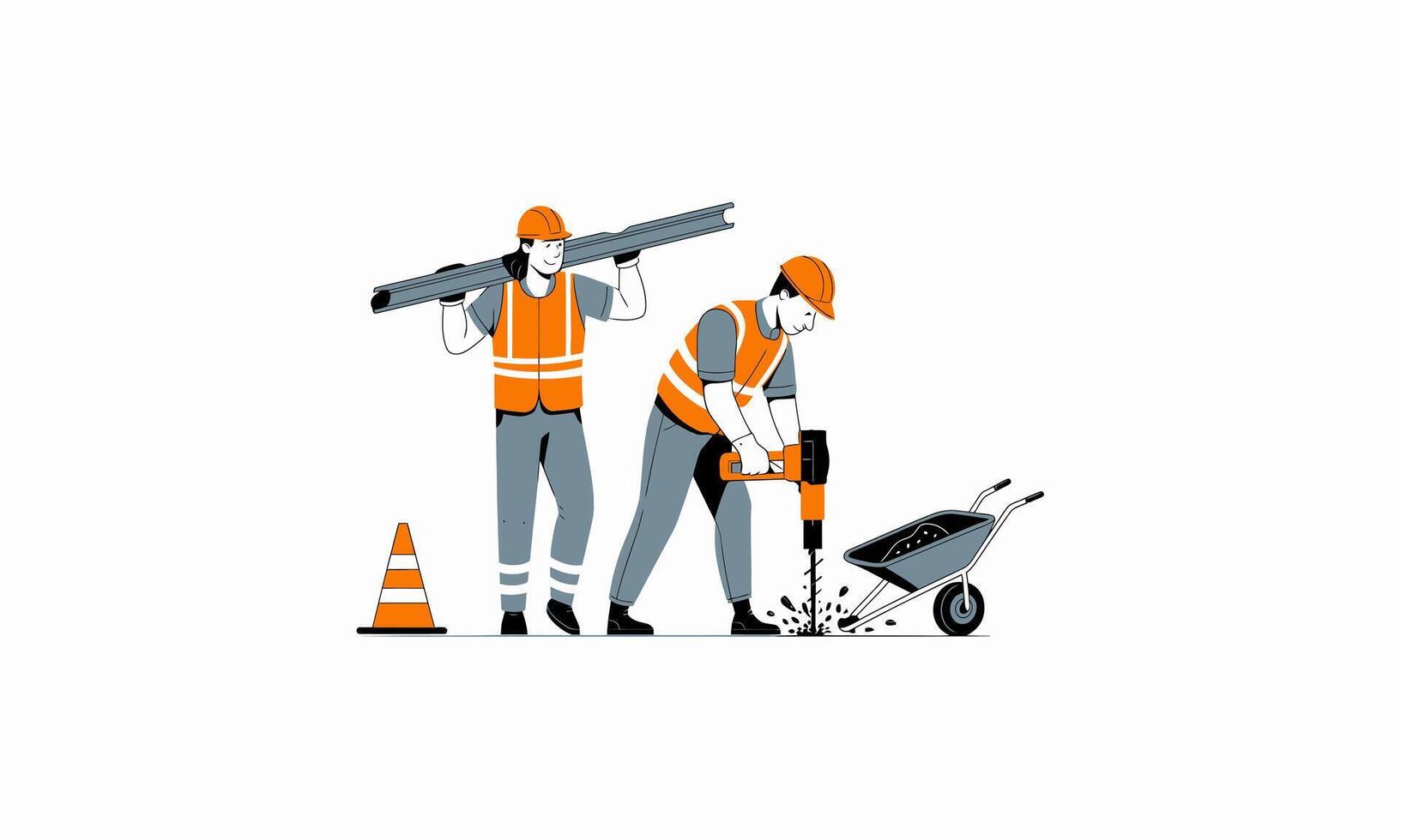 This shows two construction workers in safety gear working together. vector