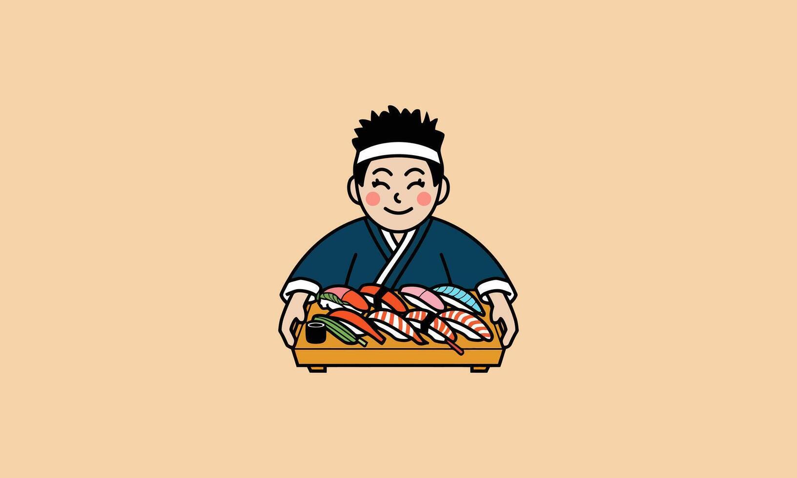 Sushi chef holding a tray of assorted sushi art vector