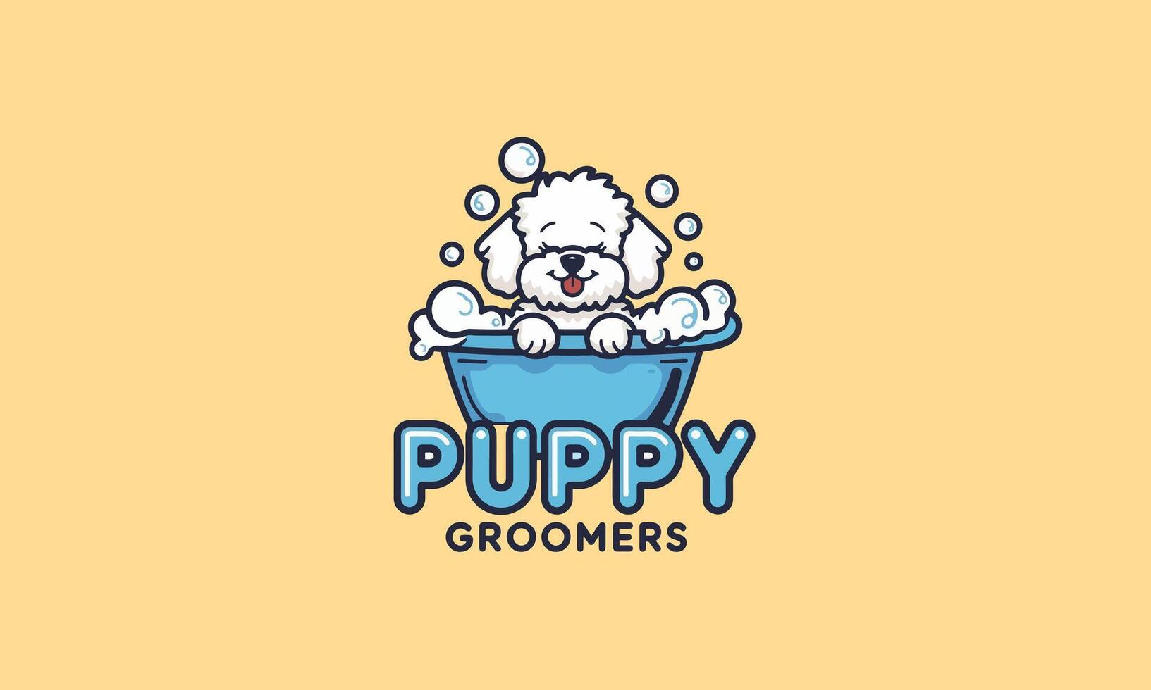 Adorable puppy in a bath with bubbles, grooming logo vector