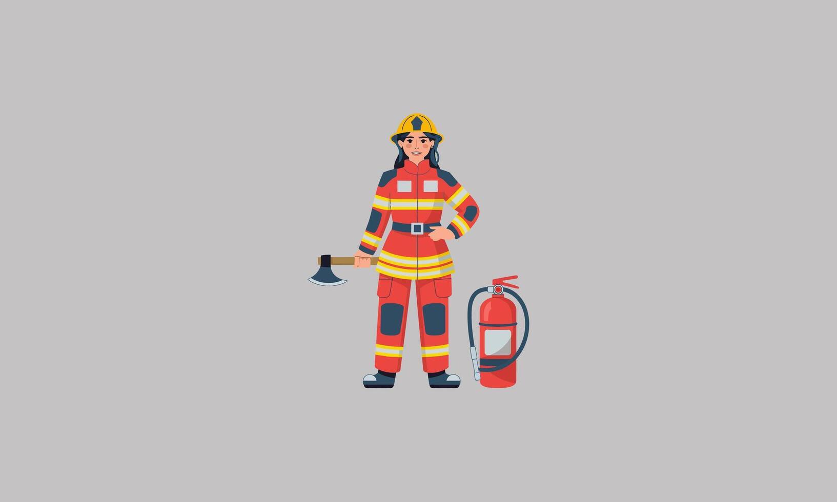 This shows a female firefighter holding an axe with equipment. vector