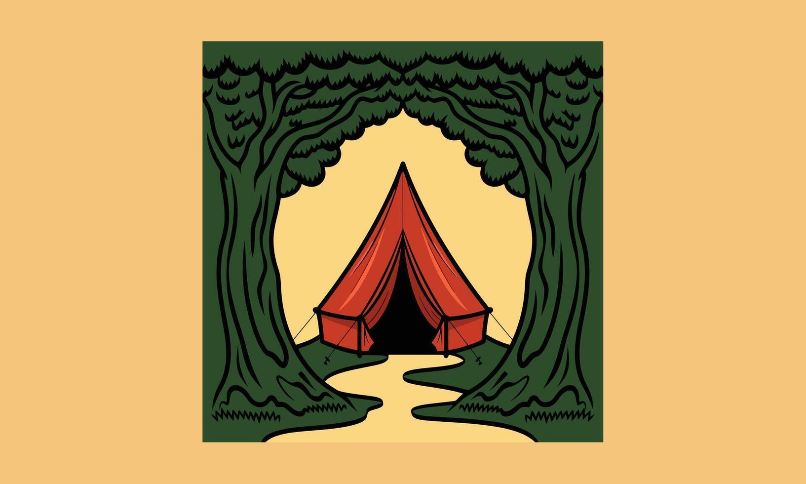 Cozy tent nestled between two trees in a forest setting vector