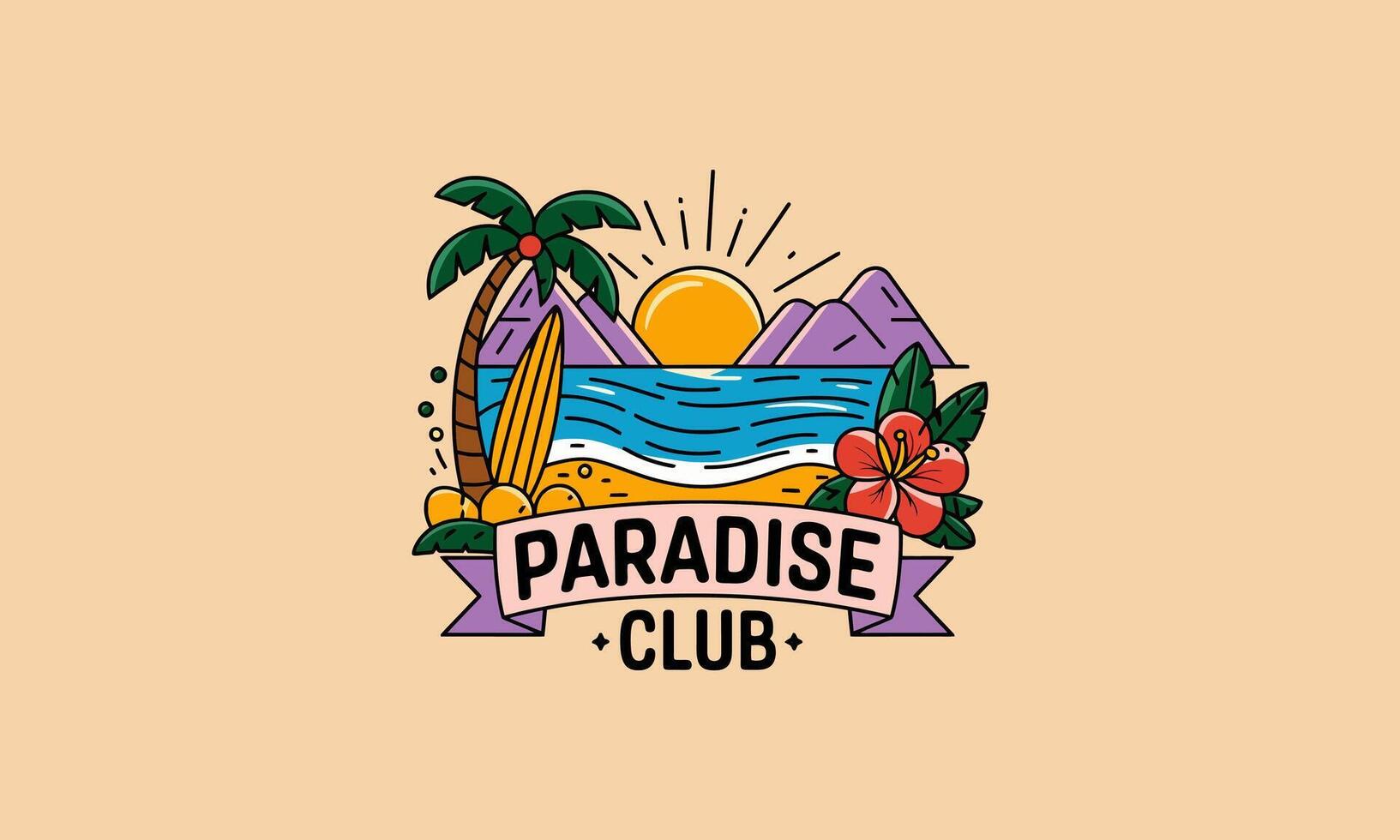 Paradise beach club logo with sunset, palm tree, and waves vector