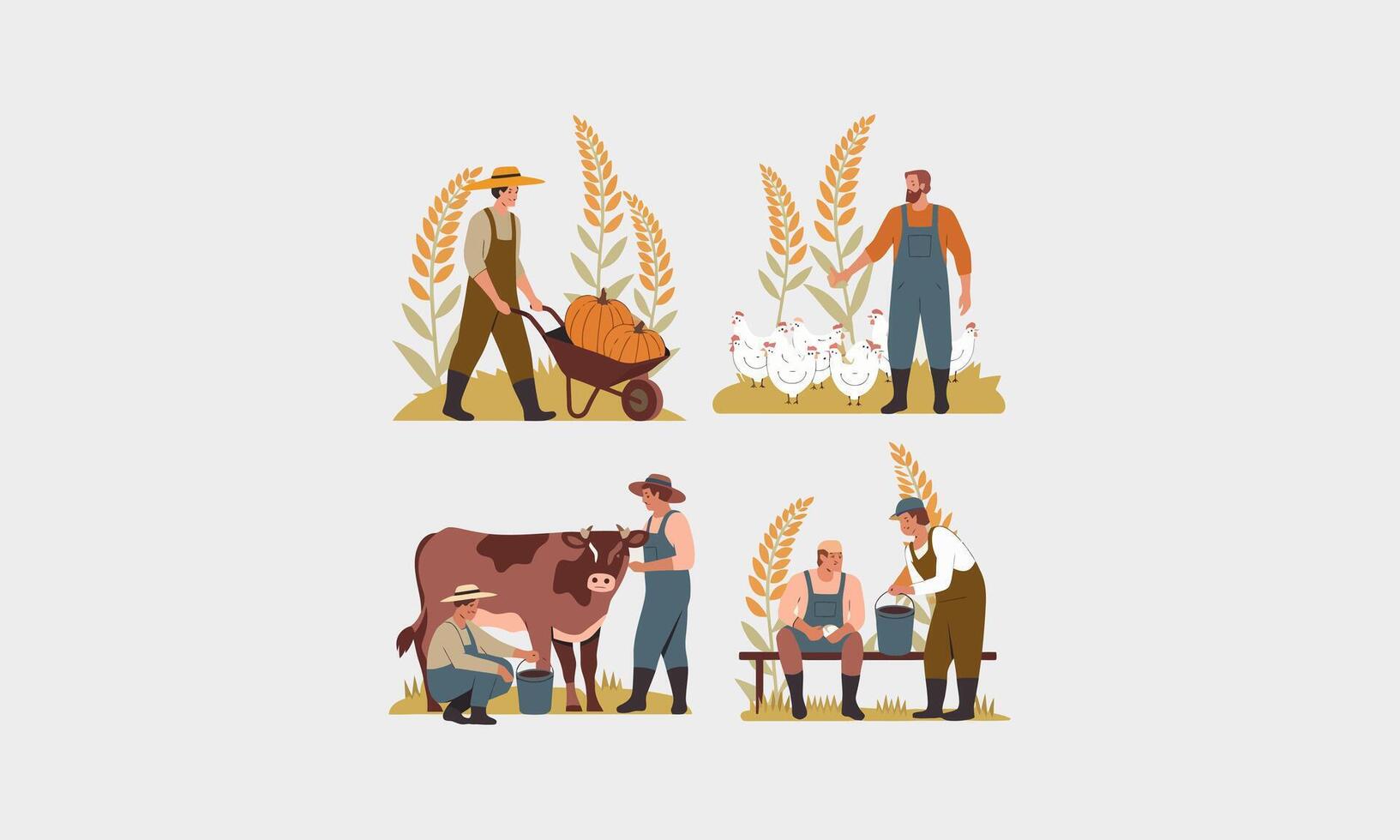 Farmers working with pumpkins, chickens, and a cow in the field. vector