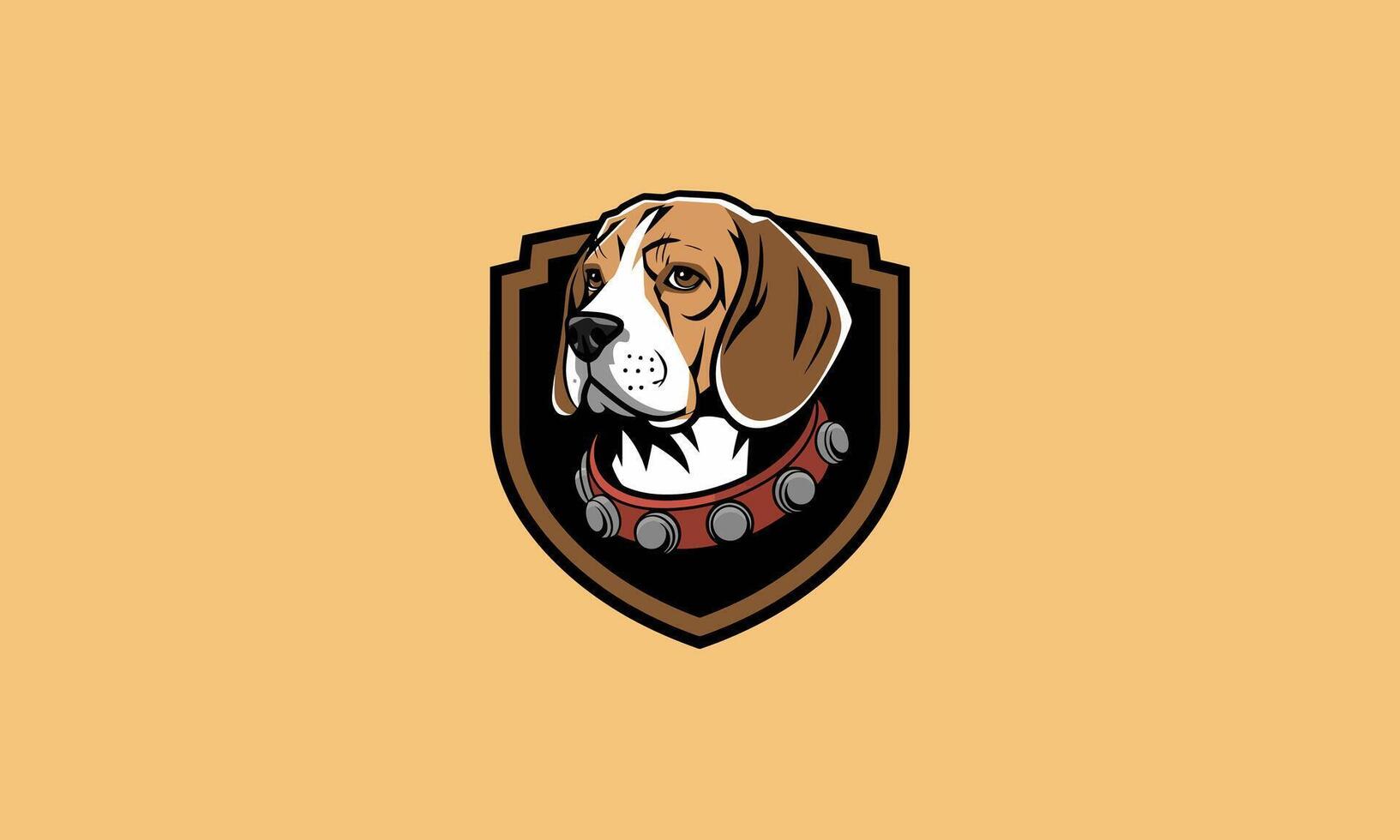 Beagle dog in shield logo with red spiked collar illustration vector