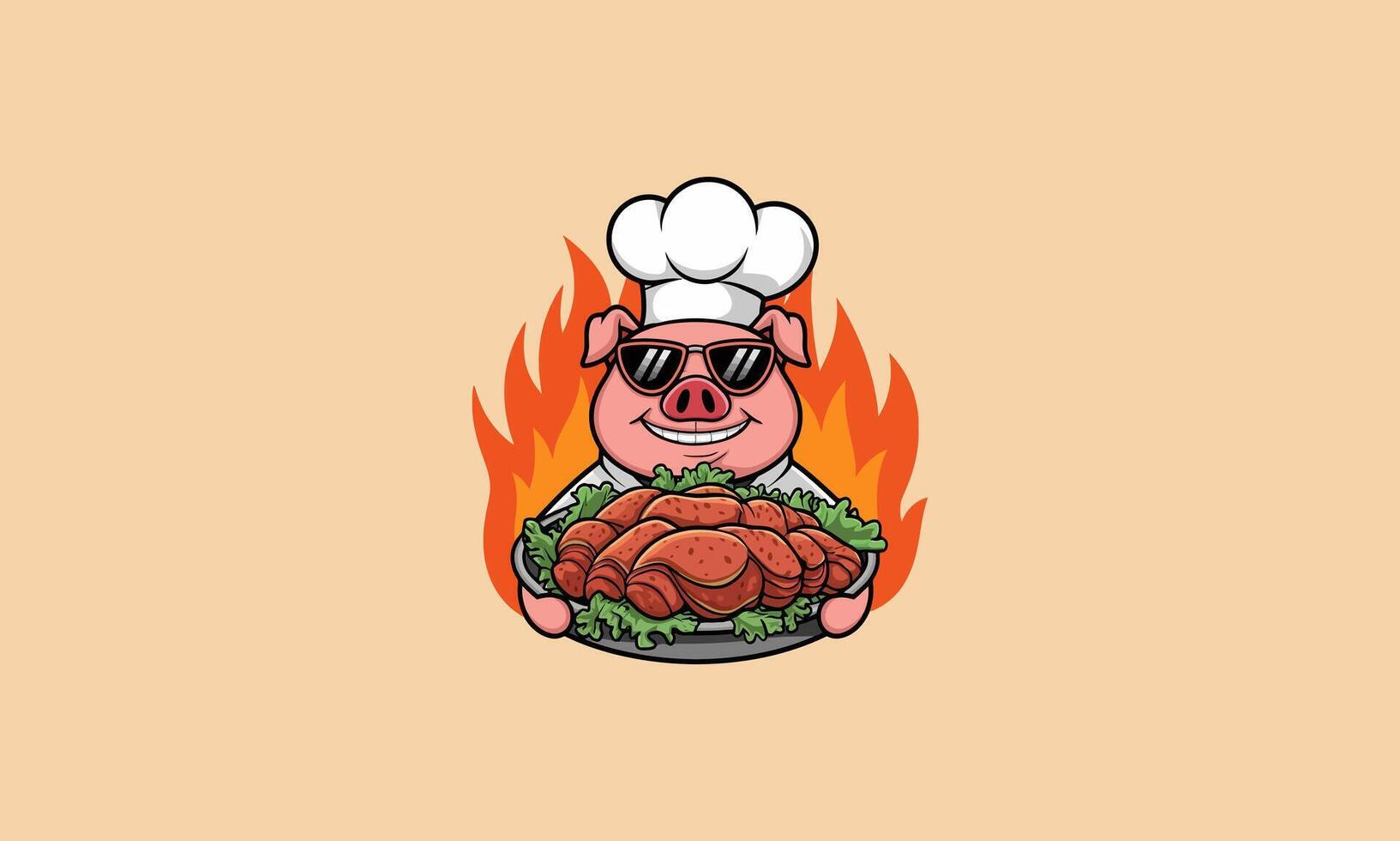Cool pig chef with shades holding a roasted meat platter vector