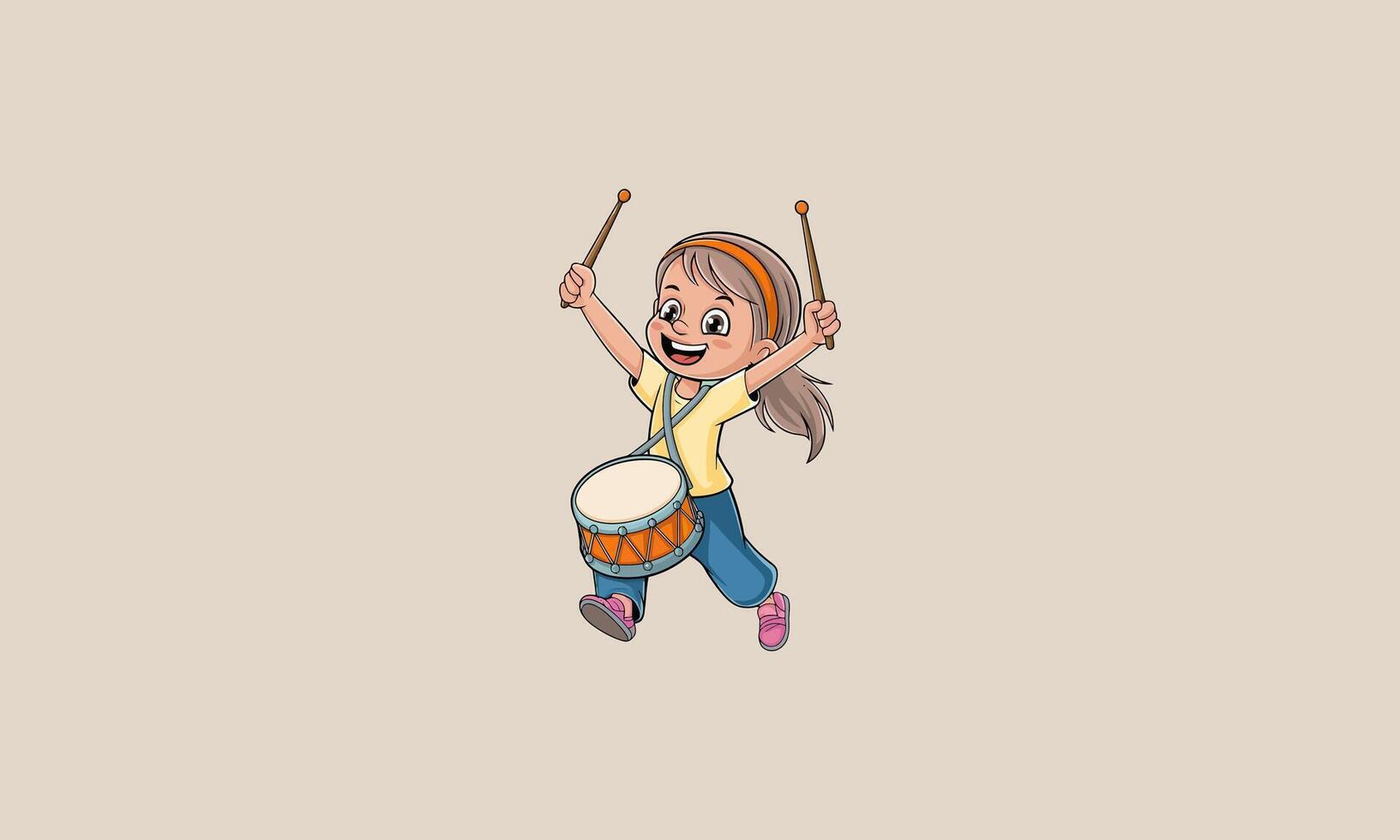 Excited girl playing drum with sticks while jumping. vector