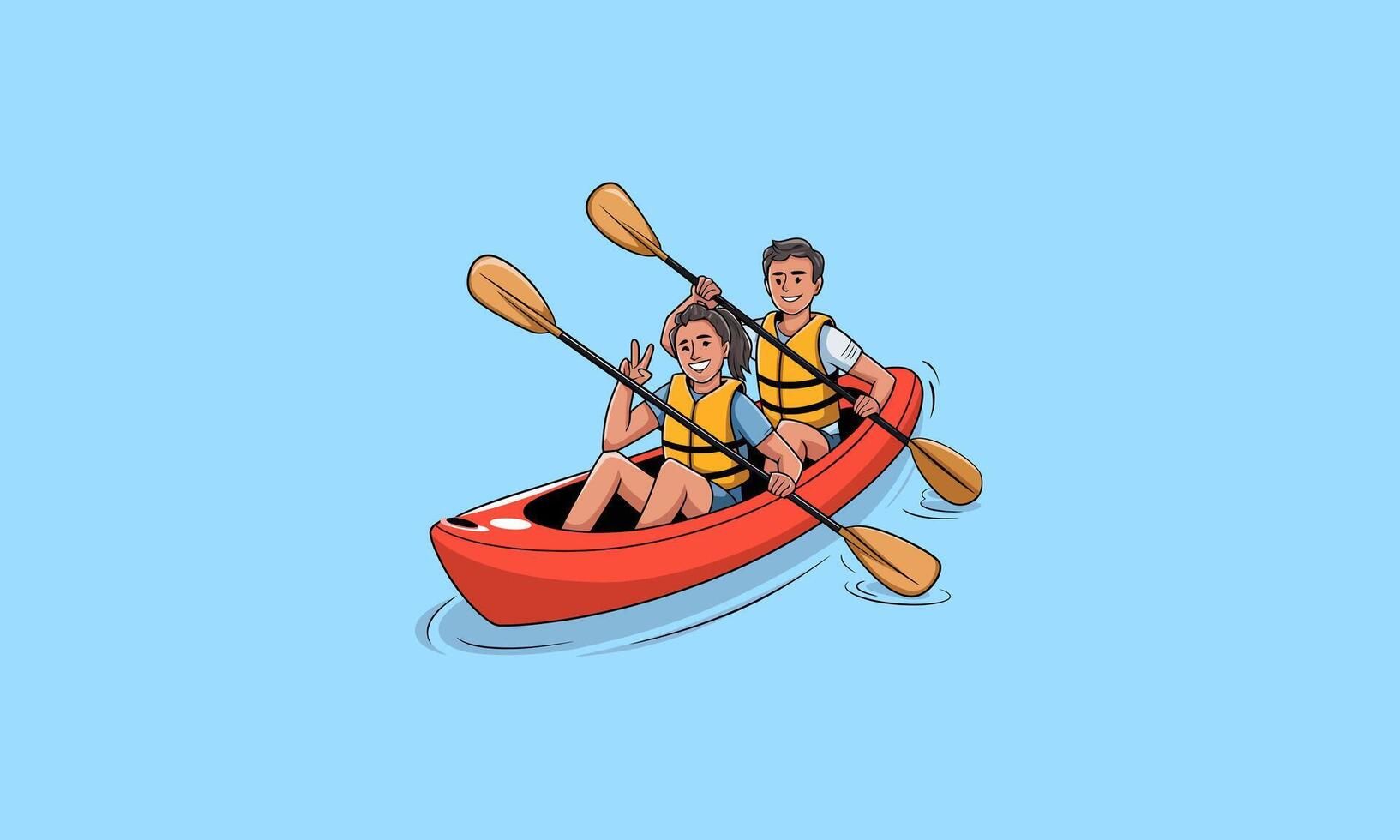 two people kayaking together, both wearing life vests and paddling vector