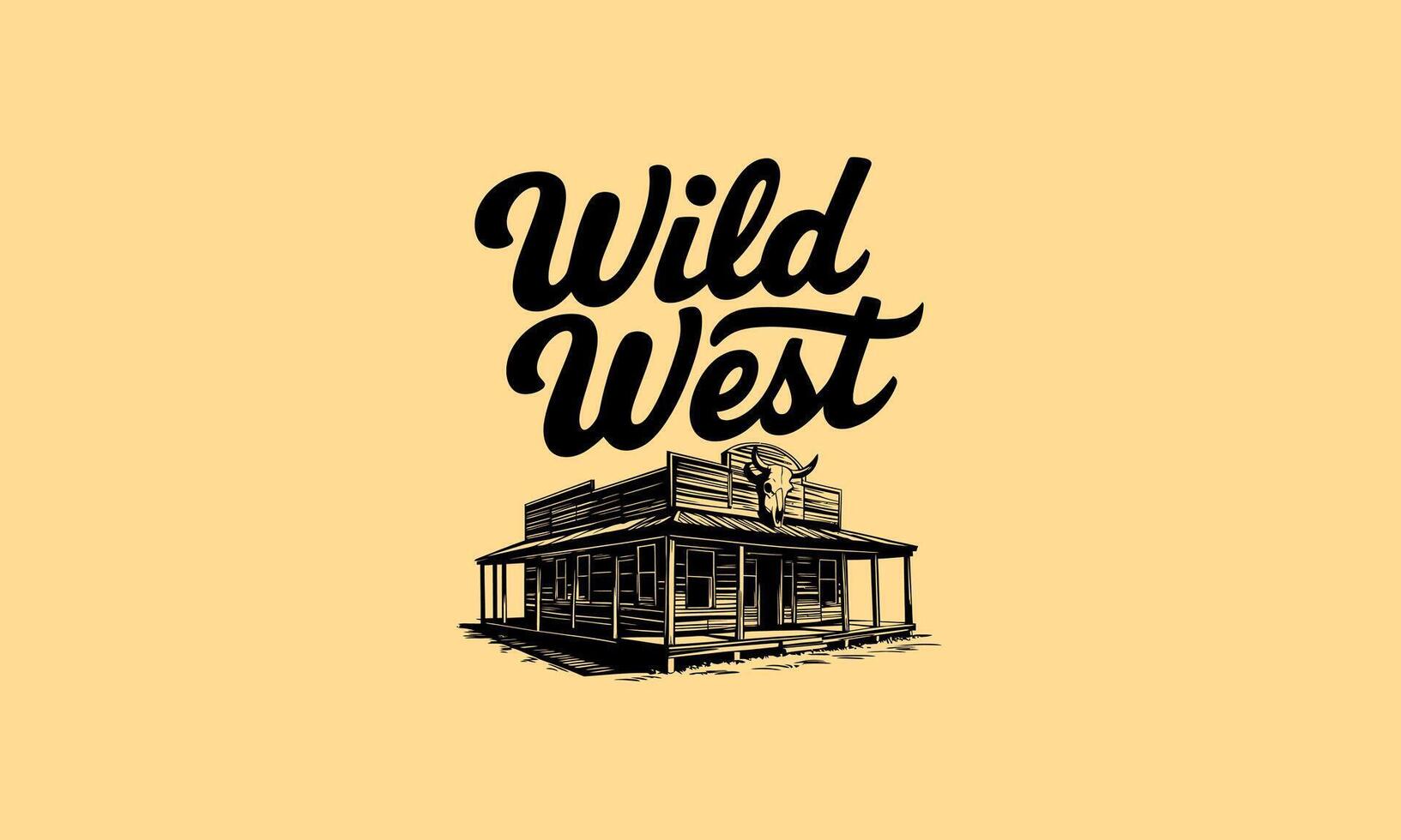 Wild West logo with rustic saloon and bull skull illustration vector