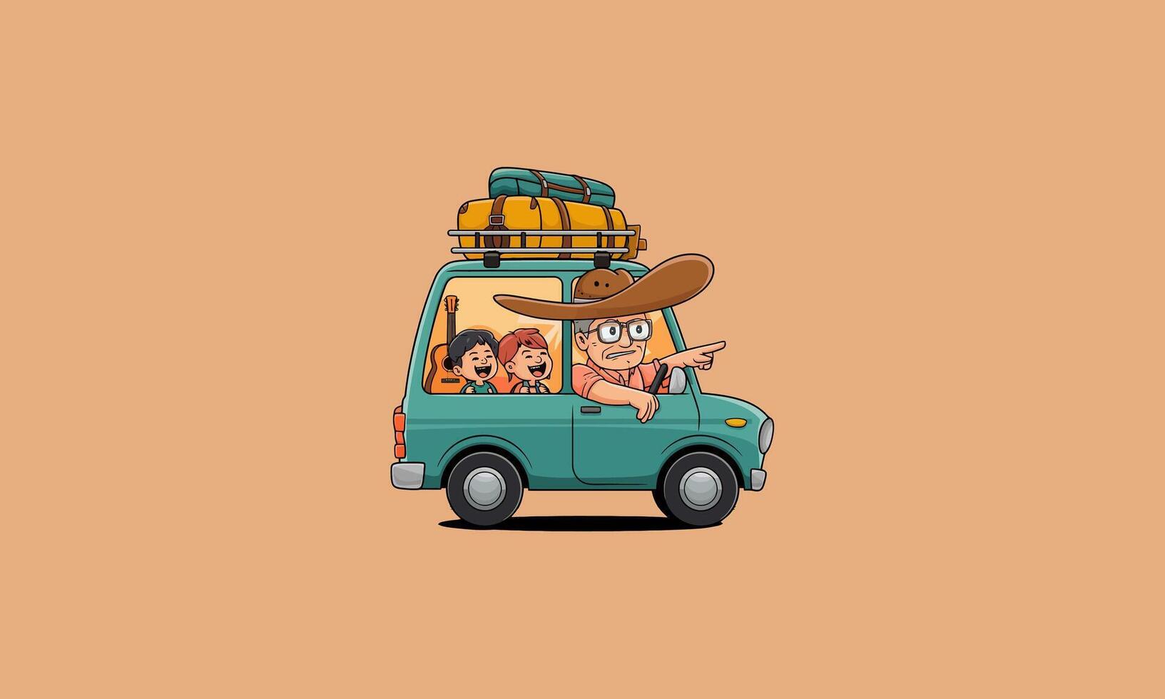 Family road trip with a humorous driver and kids in a car. vector