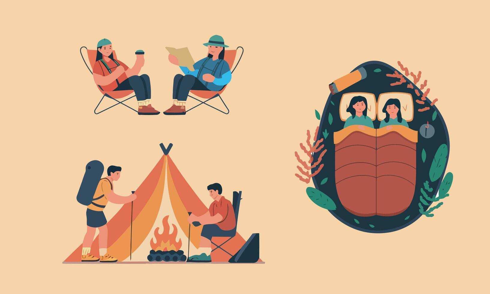 various camping and hiking activities performed by hikers outdoors vector