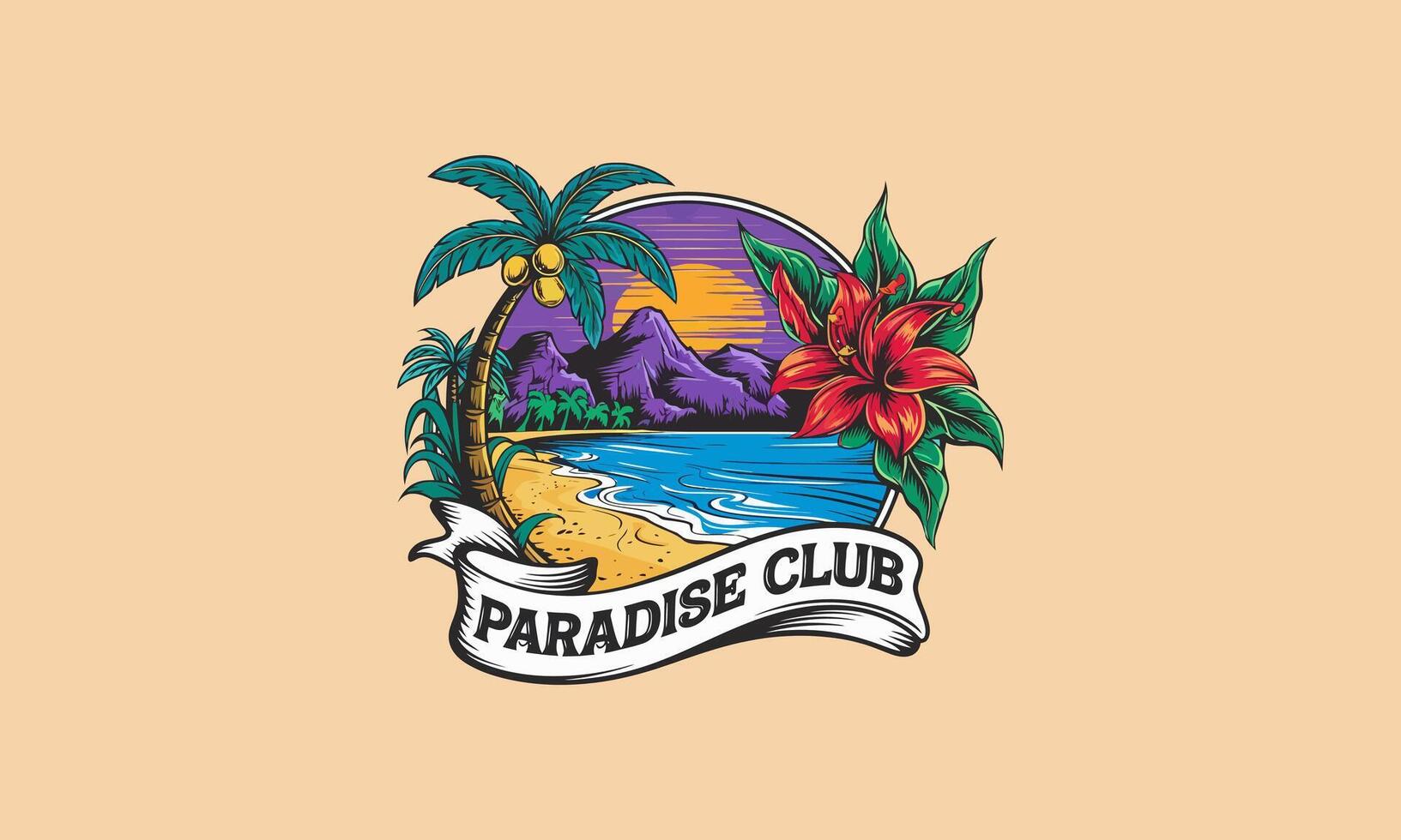 Tropical paradise club logo with beach, palm trees, and flowers vector