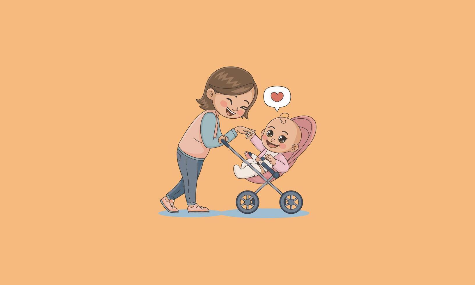Happy mother pushing a baby in a stroller, sharing a joyful moment. vector