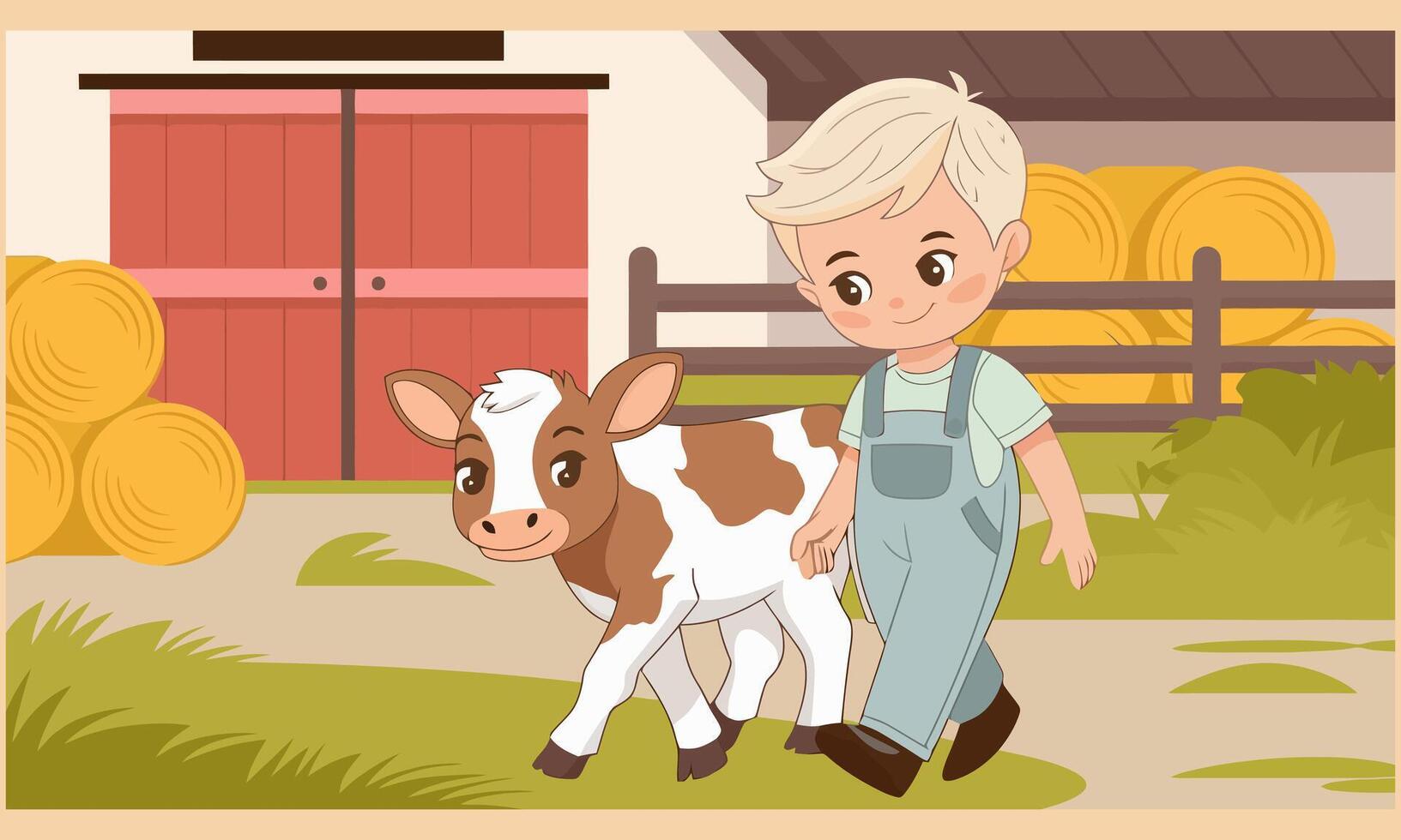 Boy walking with a calf in a farm setting. vector