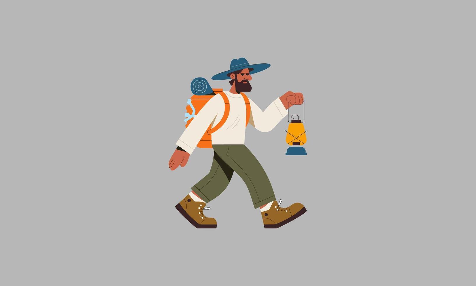 man hiking with a backpack and holding a lantern vector