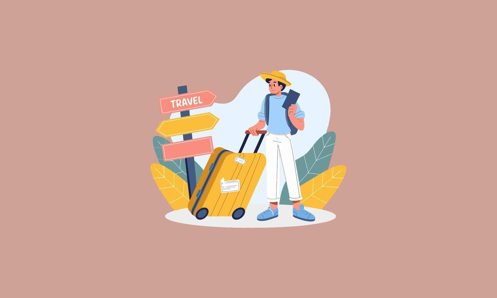 A traveler with luggage and a map standing near signposts. vector