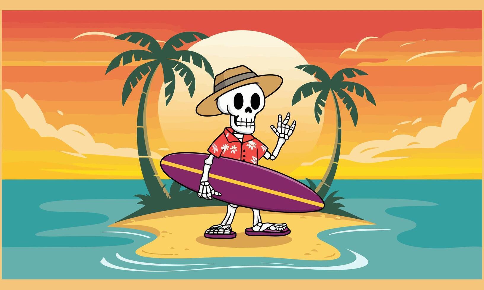 Skeleton surfer with a hat and surfboard on a tropical beach at sunset vector